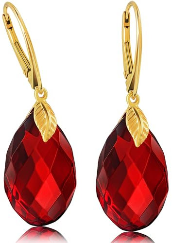 Amber by Mazukna - Bernstein Ohrringe Rot - Eleganter Bernstein-Schmuck Hängend mit goldenem Fitting für Damen, Tropfenförmige Amber-Ohrringe, Damenschmuck