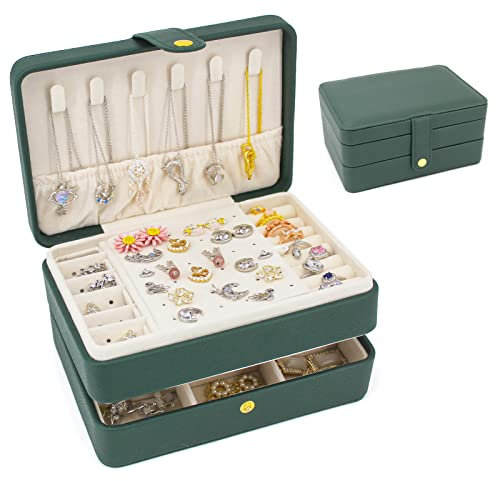 Schmuckkästchen, kleiner Reise-Schmuck-Organisator, tragbarer Schmuckkoffer für Frauen, Mädchen, Geschenk, doppelte Lagen PU-Leder-Schmuckhalter für Ringe, Ohrringe, Halsketten - grün