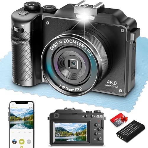 4K Digital Camera, 48MP Autofocus Selfie Camera for Vlogging, Anti-shake, Flash, 16X Zoom, 32GB Card