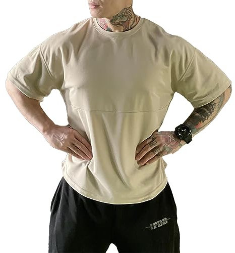 maytopia Mens Gym Workout Tshirt,Quick Dry Loose Fit Muscle Shirts,Athletic Short Sleeve Running Fitness Tee, Khaki, Medium