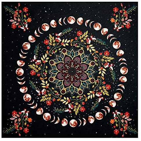 Fukamou Altar Tarot Tischdecke, Mondphasen Und Blumenmuster Tuch Tisch, Für Tarot Liebhaber, Psychologen, Zauberer, 60x60 cm, Premium Flanell