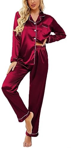 Ekouaer Womens Silk Pyjamas, Soft Satin Short Sleeve Top & Long Pant Pyjamas Set Button Down Pj Sets Loungewear for All Seasons S-XXL Red