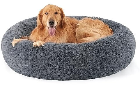 Bedsure Hundebett grosse Hunde donut - Ø 115 cm Hundekorb XXL für große Hunde, Hundekissen flauschig rund Kuschelbett waschbar, dunkelgrau