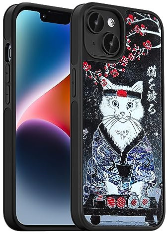 AUKIYUI Designed for iPhone 14 Case, Japanese Design Phone Case Shockproof Hard Back with Non-Slip Soft Bumper Cover, Aesthetic Shiro Cat Print Cool Embossed Pattern, Black 6.1