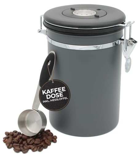 Wegardt Kaffeedose für 650g Bohnen I Behälter für Kaffeebohnen I Aromadose aus Edelstahl I Bohnenbehälter aromadicht I Kaffeebehälter inkl. Messlöffel, dunkel Grau