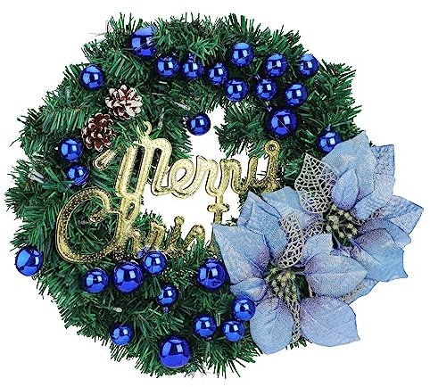 Ghirlanda Natalizia per Porta D'ingresso con Stella di Natale, Pigne, Ghirlanda Natalizia Artificiale Preilluminata, Ghirlanda Natalizia per Porta D'ingresso con Luci a LED, Ghirlanda di(Blu)
