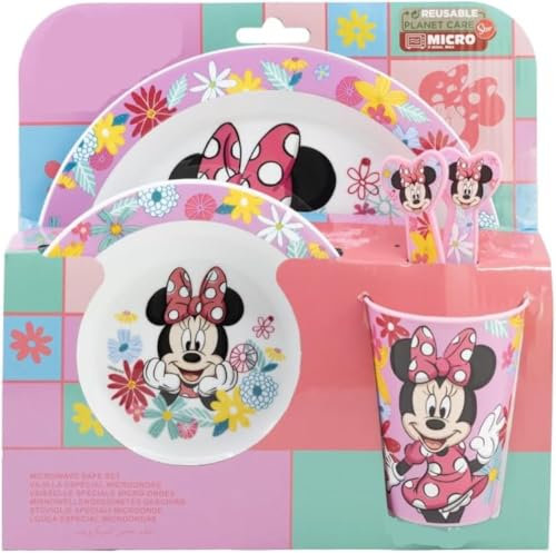 Microwave Safe 5pcs Character Animation 2023 Cartoon Dinner Tableware Set Plate, Bowl, Cup, Fork, Spoon BPA Free re-usable Plastic (Minnie Mouse)