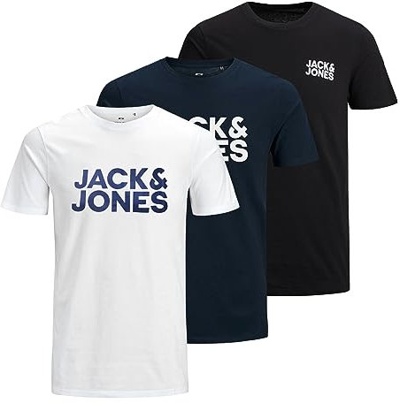 JACK & JONES Herren Shirts T-Shirt Corp Logo Tee SS O-Neck 3er Pack, Farbe:Mehrfarbig, Größe:L, Artikel:-Black/Navy/White