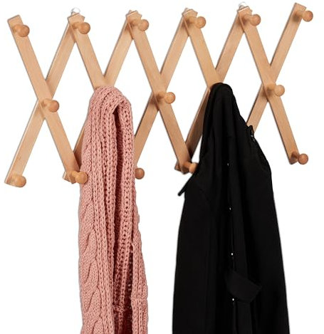 Relaxdays, Natur Wandgarderobe Holz, ausziehbare Garderobenleiste, 17 Kleiderhaken, für Jacken, Scherengarderobe faltbar, 7,5 x 182,5 x 7,5 cm