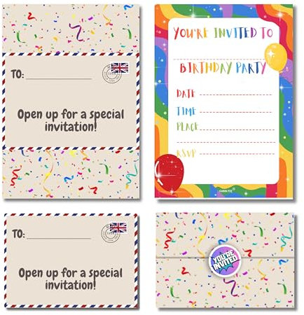 Cardlyst - Rainbow Birthday Party Invitations - 24-32 Kids Invites with Folding Envelope & Stickers - Designed in UK