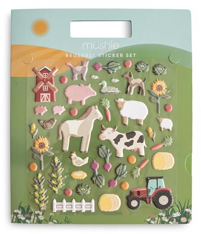 Mushie Aufkleber für Kinder | Wiederverwendbares Aufkleberbuch Set Buch | Abnehmbare Puffy-Aufkleber Bastelaktivität (Bauernhoftiere)