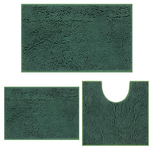 MEGAROOM Non Slip Chenille Bath Mat Set - Bathroom Mat Set with U-Shaped Toilet Mat - Soft and Anti Mould Bath Mat Set 3 Pieces for Safety and Comfort, Water Absorbent and Quick Drying(Dark Green)