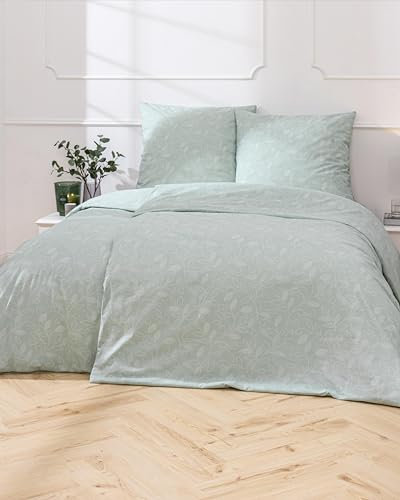 MTOnlinehandel Bettwäsche 135x200 Grün, Blumen-Ranke Zweige Blätter Mint, Baumwolle, Öko-Tex, für Allergiker geeignet, Reißverschluss, Kissenbezug 80x80 + Bettbezug 135x200, Traumhelden