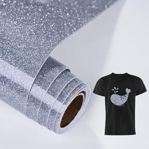 LUCKIGUCK Glitzer Plotterfolie Textil - Heat Transfer Vinyl 25cm x 150cm Transferfolie Plotter Flexfolie für Textilien Transferfolie zum Aufbügeln für DIY T-Shirt,Stoffe Textilhandwerk(Silber)