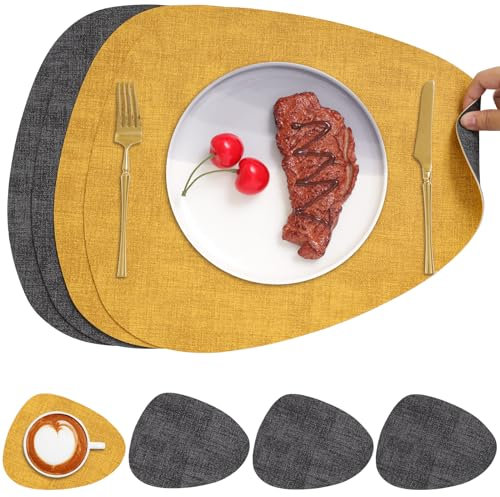 Chitomars Tischsets Kunstleder und Untersetzer, Tischsets Abwaschbar Doppelseitigen rutschfest Platzsets Rund Lederoptik Platzdeckchen Teller Untersetzer (4er Set, Grau Gelb)