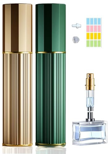 Travelofo Perfume Atomiser Travel Bottle, 10ML Refillable Spray Bottle Easy to Refill Empty Atomiser for Purse, Handbag, Pocket and Luggage (Gold & Green)