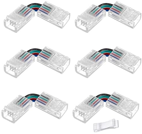 Connecteur d'éclairage de voie à 90° - 4 broches - 10 mm de large - Non câblé - Sans soudure - Transparent - En forme de L - Connecteur d'angle LED (6 pièces)
