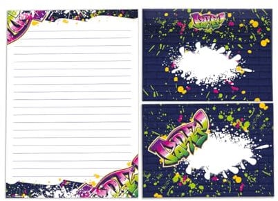 Briefpapier-Set Schreibblock liniert mit Umschlag für Mädchen Jungen Kinder Erwachsene Unisex Graffiti bunt modern (1 Block A5 mit 25 Blättern + 15 passend bedruckte Briefumschläge)