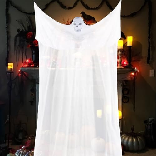 Halloween Hängender Geist, Halloween Deko Horror Vorhang 3.3 M, Halloween Party Deko Skelett Vorhang, Halloween Grim Reaper Türvorhang, für Halloween Haunted House Party Horror Requisiten, weiß