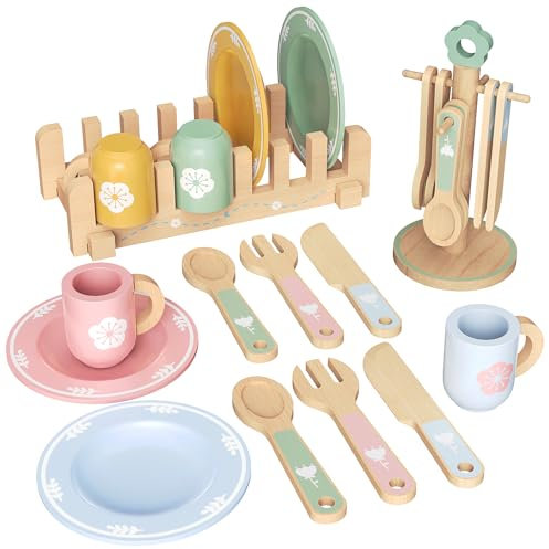 Stoviglie cucina bambini in legno, accessori cucina bambini Montessori con tazze piatti, accessori cucina gioco stoviglie set tè accessori cucina per bambini regalo per ragazze ragazzi 4 5 6 7 8 anni
