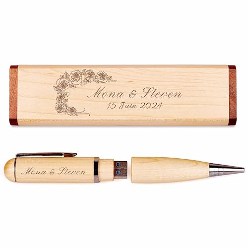 Clé USB Gravure Bois Personnalisée, Flash Drive 3.0 Coffret en Bois, Stylo Personnalisé - Idée Cadeau pour Mariage, Remise des Diplômes, Anniversaire (Graphic-01, 32 GB)