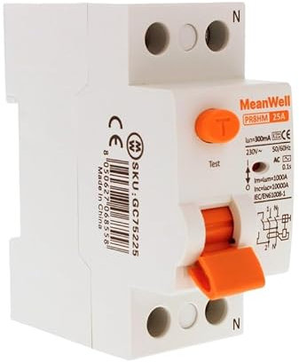 MeanWell Interruptor diferencial 300mA, Clase AC, 1P+N 10000A 300mA, 2 módulos DIN, Residual Current Circuit Breaker, RCCB 1P+N 25A