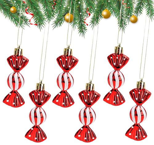 6 Pcs 8cm Mini Sweet Shaped Christmas Baubles Shiny & Glitter Decorations,Mini Christmas Sweet Shaped Baubles,Red String Hanging Christmas Tree Mini Sweet Shaped Baubles for Tree Holiday Home New Year