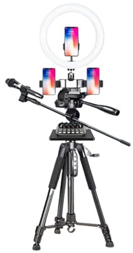 FLNOZAMZ 360 Camera Stand, Outdoor Portable Mobile Phone Camera Photography Live Tripod, LED Ring Light Microphone Stand, for Video Picture