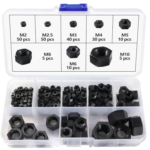 Lyeteung 200 Pezzi M2/M2.5/M3/M4/M5/M6/M8/M10 Dadi Esagonali in Plastica, Dadi Esagonali in Nylon, Dado Esagonale Filettato Metrico, Nero