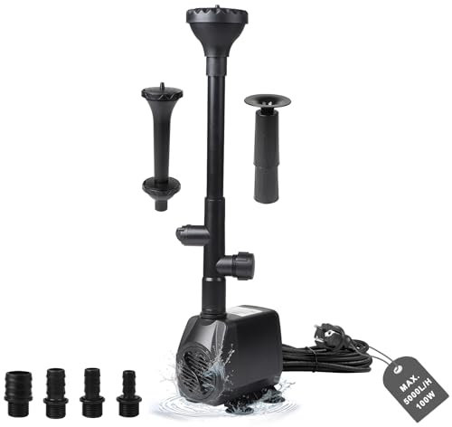 EXLECO Bomba Estanque Exterior Bomba Agua Fuente 4500L/H Bomba de Agua Sumergible Bomaba de Arroyo 95W Bomaba de Filtro Bomaba para Fuente de Jardin con 4 Boquillas 5M Cable 3 Estilos de Fuente
