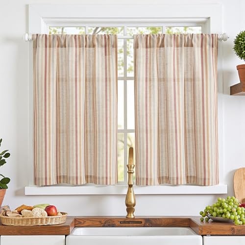 TOPICK Colourful Stripe Small Kitchen Curtains 24 Inch Drop, Rod Pocket Short Cafe Curtains, Light Filtering Privacy Curtain Tiers for Bathroom, Cupboard Base, Sink, Muti Red, W26 x L24 Inch, 2 Panels