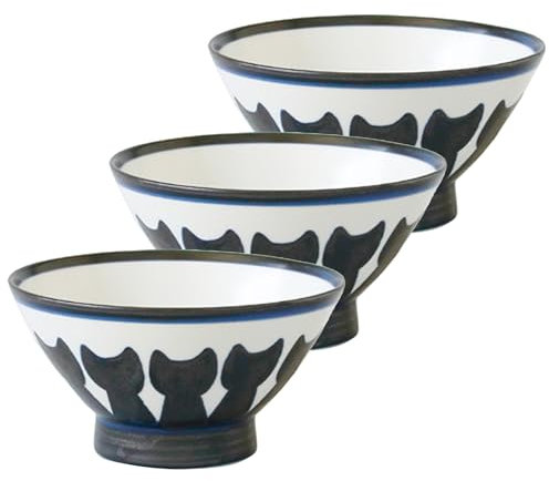 IPPINKA Japanese Hasami Ware Rice Bowl - Set of 3 - Handcrafted Porcelain Tableware - Cat Design - 4.7 x 4.7 x 2.5 inches - Made in Japan