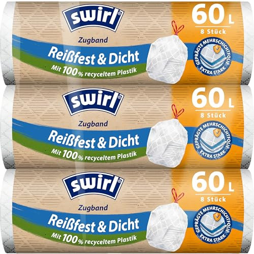 Swirl Reißfest & Dicht Müllbeutel mit Zugband, 60L, 3er Multipack mit 24 Beuteln, Extra Stark, Tropfsicher