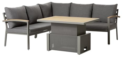 Dehner Garten-Lounge Colmar, grau/braun | 4-teilig, 5-Sitzer, inkl. Tisch und Polster, Aluminium / FSC®-zertifiziertes Teakholz / Olefin