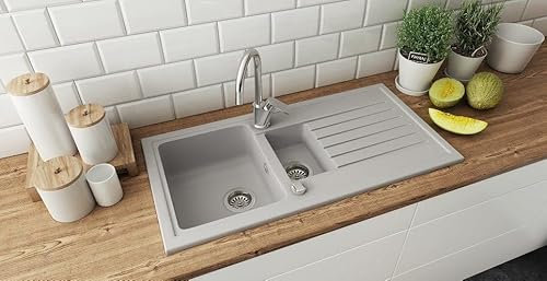 Faizee Home | Spülbecken Grau 100x50 cm aus Granit – Modell Napoli mit 2 Becken & Abtropffläche | Beidseitig montierbare Einbauspüle | Küchenspüle inkl. Siphon-Set (Grau)