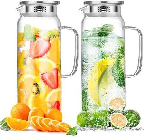 2 Pack Glass Water Pitcher, 2 L Glass Pitcher with Lid and Handle, Clear Iced Tea Milk Jug Heat Resistant Water Juice Jug for Fridge Beverage Carafe