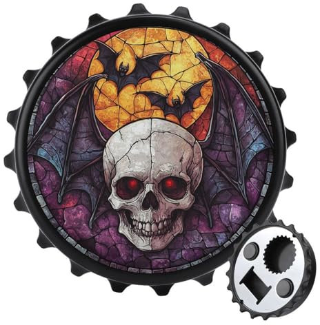 Apribottiglie rotondo con pipistrello e teschio gotico horror per frigorifero, bevande, birra, apribottiglie magnetico per frigorifero, cucina, ufficio
