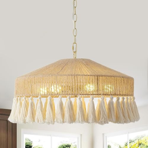 Stesulfr Rattan Kronleuchter pastorale Pendelleuchte aus Leinen für das Esszimmer verstellbar Bohème-Stil handgewebtes Hanfseil und Baumwollseil Hängelampe geeignet für Wohnzimmer Schlafzimmer Küche(6