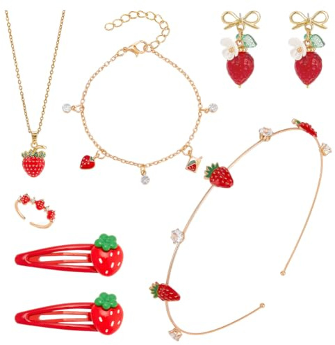PH PandaHall 6 Stück Erdbeer Schmuckset Erdbeer Halskette Armband Erdbeer Ohrringe Haarspangen Rote Erdbeer Ringe Haarbänder Süße Frucht Accessoires Für Weihnachten Schmuck Geschenke Kostüme Hochzeit