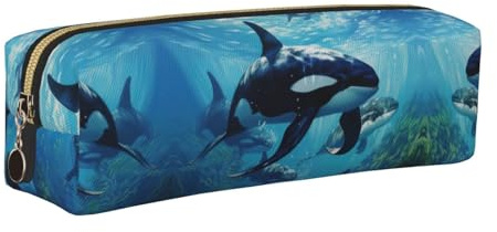 EWQrtyy Killer Whales Swim Along Federmäppchen, Leder, mit Reißverschluss, Zubehörhalter, Schreibwarentasche, Geschenk für den Schulanfang, gold, Einheitsgröße, Kosmetiktasche