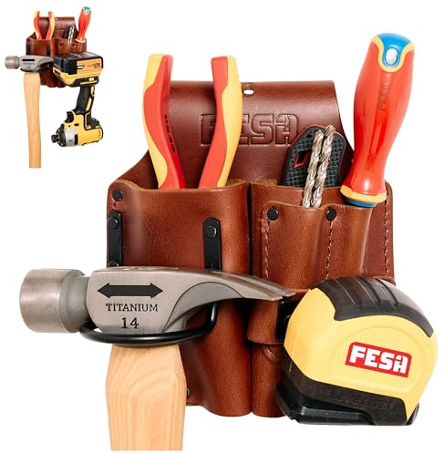 FESA Heavy Duty Leather Pliers Holster - Leather Double Pliers Belt Holder with Steel Hammer Holder, Band Clip and 2 Carpenter's Pencil Pockets - Clip on Each Belt - Handmade