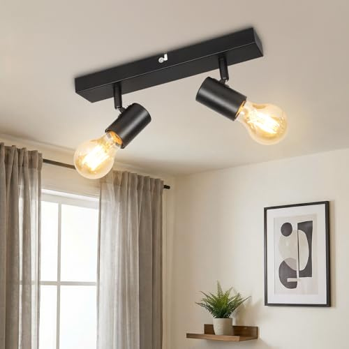 Kimjo E27 Deckenlampe LED Schwarz, Modern Spots Deckenleuchte 2 Flammig | Deckenstrahler 2 Flammig, 350° Schwenkbar Deckenspot LED Strahler Innen Decke für Wohnzimmer Schlafzimmer, Ohne Leuchtmittel