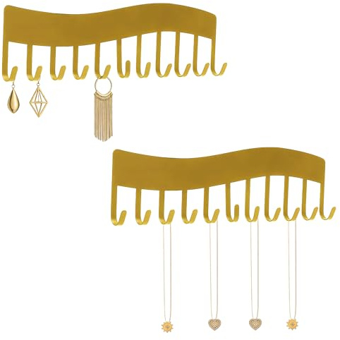 2pcs Gold Wave Jewellery Holder Wall Adhesive Hooks, Necklace Display Stand | Modern Necklace Organiser for Jewellery Storage, Space Saving Necklace Display Stand for Necklace Hanging and Jewelry.