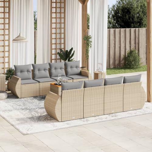 Tonture 9-TLG. Garten-Sofagarnitur mit Kissen Beige, Poly Rattan Lounge Set, Modular Outdoor Wohnlandschaft, Akazienholz Tischplatte, Wasserdichter Stauraum für Terrasse & Balkon