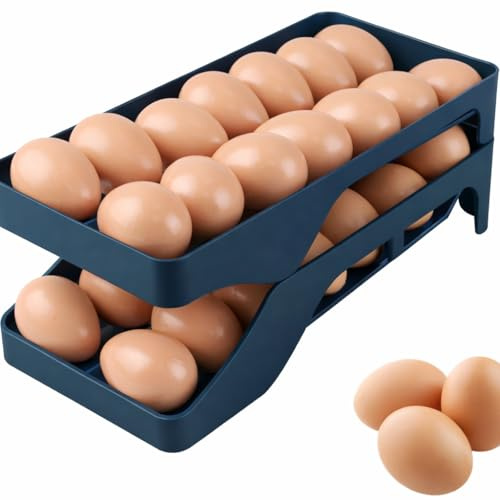 Hueveras con Rodillos para Frigorífico, Contenedor de Huevos 2 Niveles para 28 Unidades, Hueveras Apilables Plásticas, Dispensador Automático de Huevos, Organizador Cocina (Azul Oscuro)