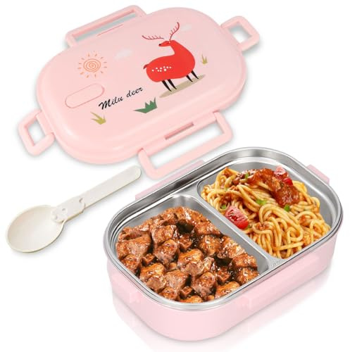 Tomotato Fiambrera de Acero Inoxidable, 650 ml Lonchera a Prueba de Fugas de Portátil Fiambrera de Dividida con 2 Compartimentos para Oficina, Escuela, Picnic (Rosa)
