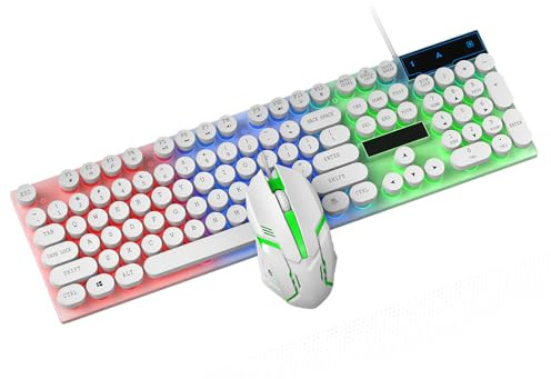 Plyisty Steam Punk Wired Keyboard & Mouse Combo, 104 Tasten Anti-Ghost-LED-Tastaturen mit Hintergrundbeleuchtung, 1000DPI Optische Maus, Mechanische Runde Tastenkappen Im (White)