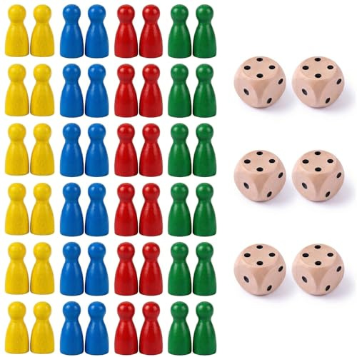 JYXNU 48PCS Pedine Gioco da Tavolo + 6PCS Dadi Dadi da Gioco in legno, Set di Pedine Colorate Personaggi Cono in Legno per Giochi Tavolo, Adatto ai bambini, Dadi da Gioco 14 mm
