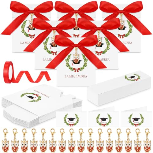 BBTO Gastgeschenke Abschlussfeier 50 Stück Konfetti-Schachteln La Mia Laurea Schlüsselanhänger Eule Glücksbringer Faltkarten Glückwunsch und Satinband Rot für Gäste Konfettata