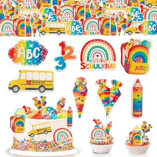 GoldRock Essbare Tortendeko Einschulung Mädchen Junge,48× Esspapier Kuchen Deko Einschulung, Tortendeko Essbar Schulanfang,ABC Zuckertüte Cake Topper Schulkind 2026,Schuleinführung Cupcake Muffin Deko